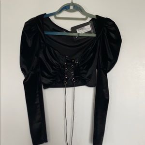 Pretty Little Thing black velvet ls lace crop